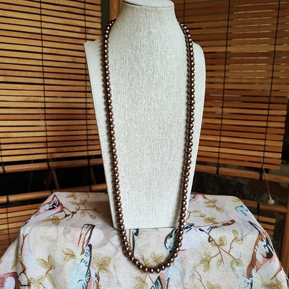 Rich Cocoa Chocolate Brown Faux Pearl Rosary Chain Glass Opaline Beaded Necklace - Picture 5 of 9